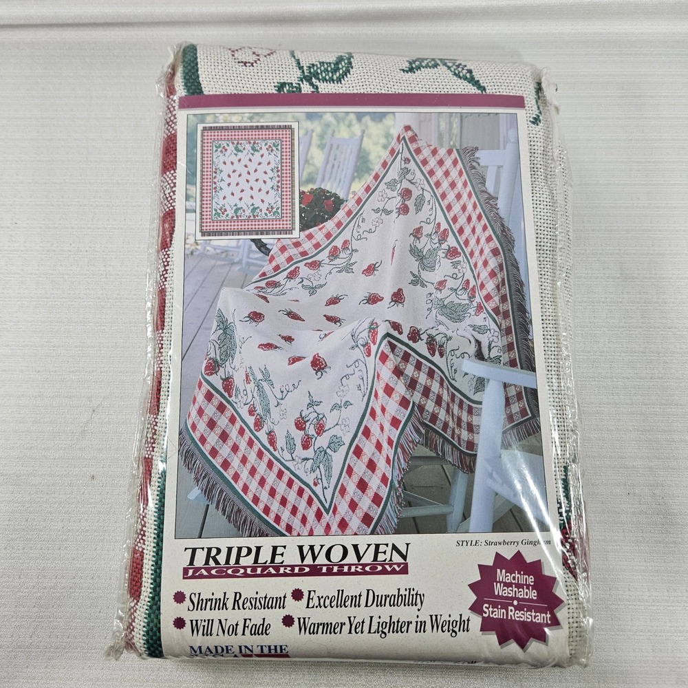 Vintage 1995 American Weavers Strawberry Gingham Woven Jacquard Throw Blanket